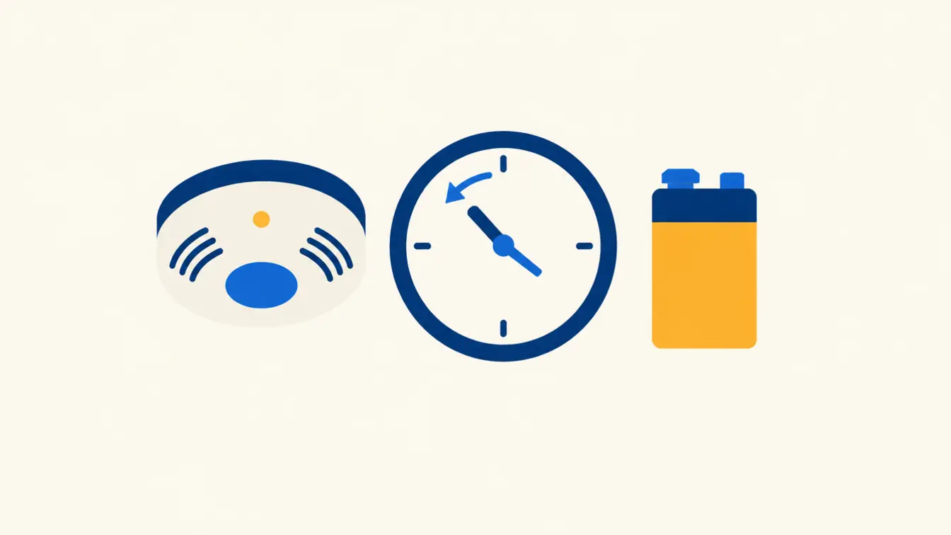 Illustration of a round smoke alarm, a wall clock with its hands turning back, and a yellow nine-volt battery
