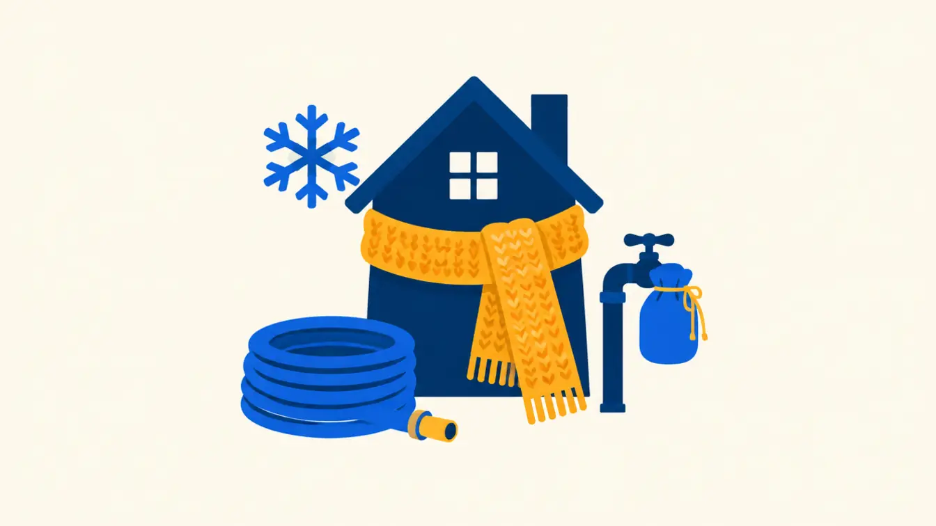 Illustration of a small house in a yellow scarf with a snowflake, a coiled hose, and a covered outdoor faucet